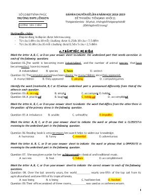 Đáp án đề thi chuyên đề lần 4 môn Tiếng Anh Lớp 11 - Năm học 2018-2019 - Trường THPT Liễn Sơn